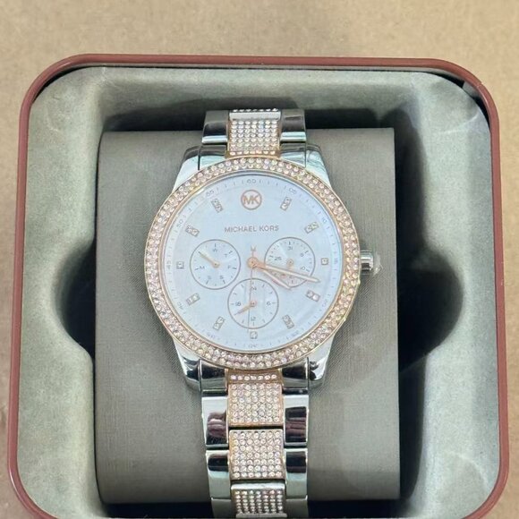 Michael Kors MK6827 Tibby White Chronograph Glitz Dial Two Tone Rose Gold/Silver - Picture 3 of 8